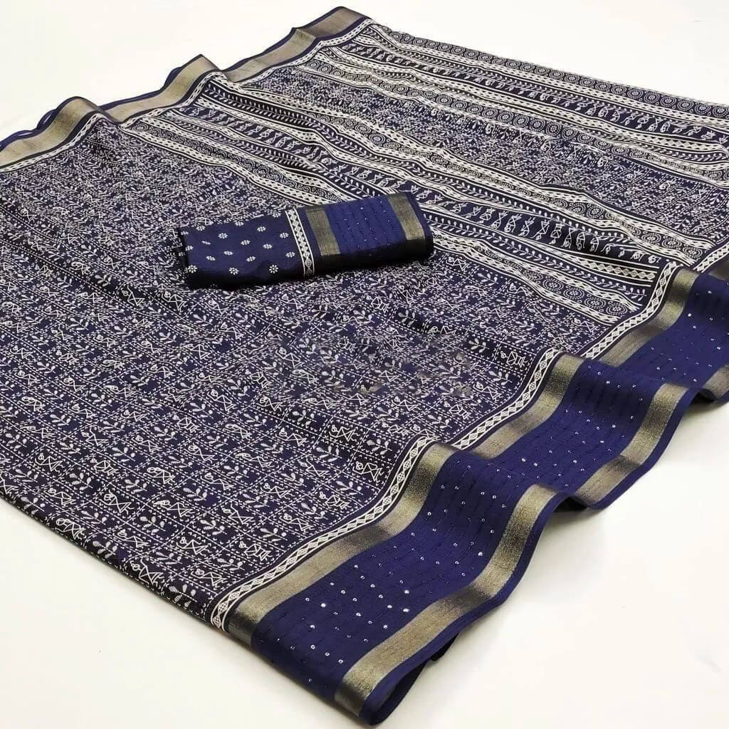 Sapphire Blue Printed Dola Silk Saree - Shop authentic Indian Women's Fashion by Silk Folks