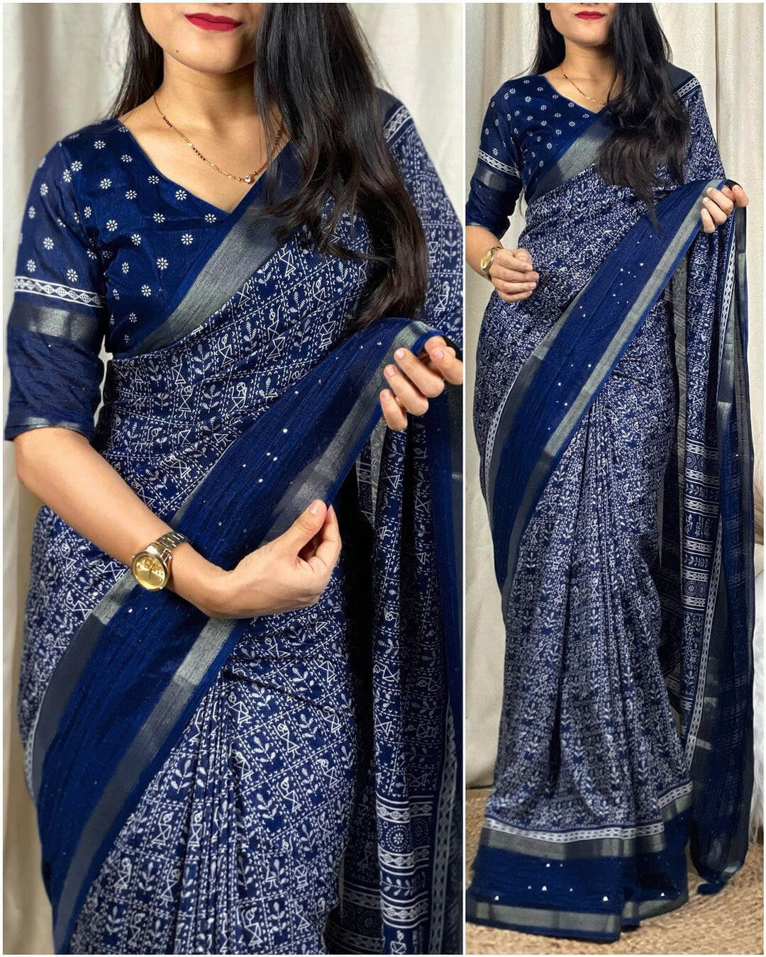 Sapphire Blue Printed Dola Silk Saree - Shop authentic Indian Women's Fashion by Silk Folks
