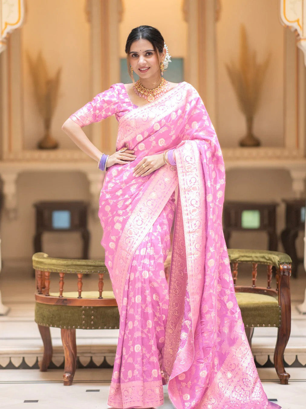Flameboyant Baby Pink Soft Silk Saree With Opulent Blouse Piece - Shop authentic Indian Women's Fashion by Silk Folks