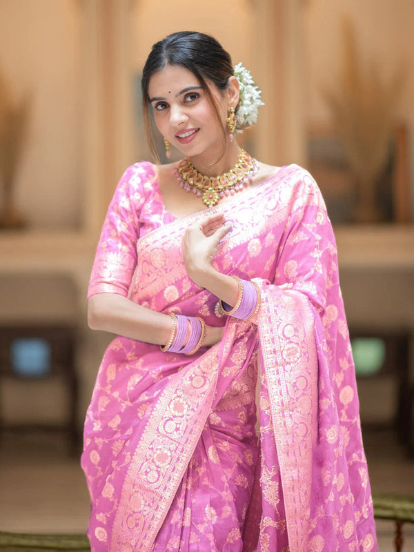 Flameboyant Baby Pink Soft Silk Saree With Opulent Blouse Piece - Shop authentic Indian Women's Fashion by Silk Folks