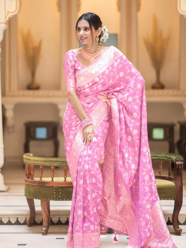 Flameboyant Baby Pink Soft Silk Saree With Opulent Blouse Piece - Shop authentic Indian Women's Fashion by Silk Folks