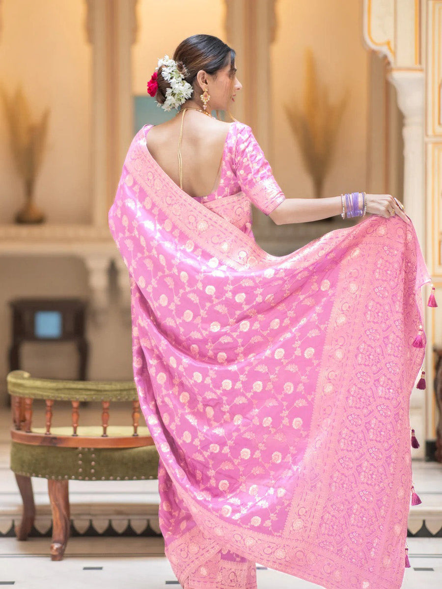 Flameboyant Baby Pink Soft Silk Saree With Opulent Blouse Piece - Shop authentic Indian Women's Fashion by Silk Folks