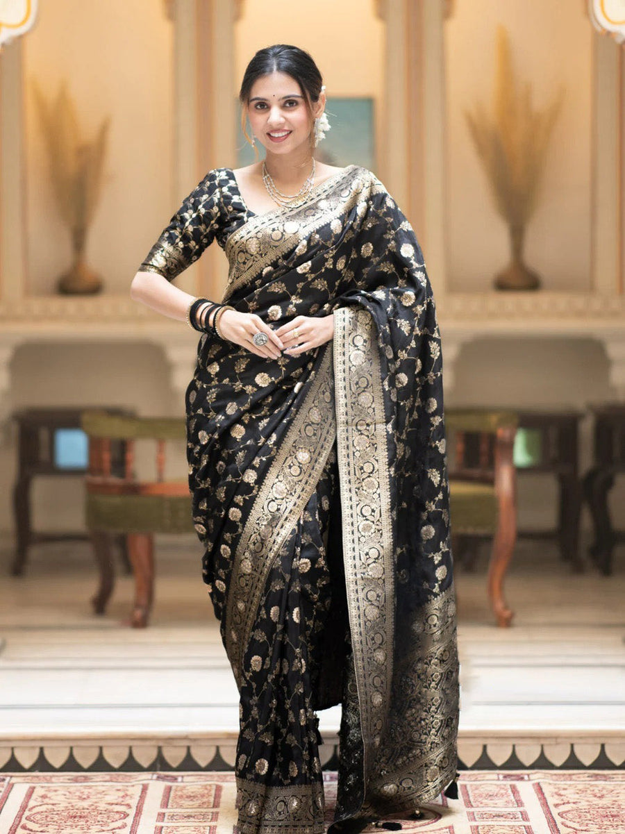 Fairytale Black Soft Silk Saree With Jazzy Blouse Piece - Shop authentic Indian Women's Fashion by Silk Folks
