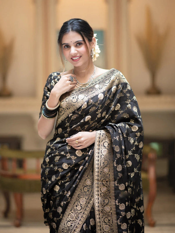 Fairytale Black Soft Silk Saree With Jazzy Blouse Piece - Shop authentic Indian Women's Fashion by Silk Folks