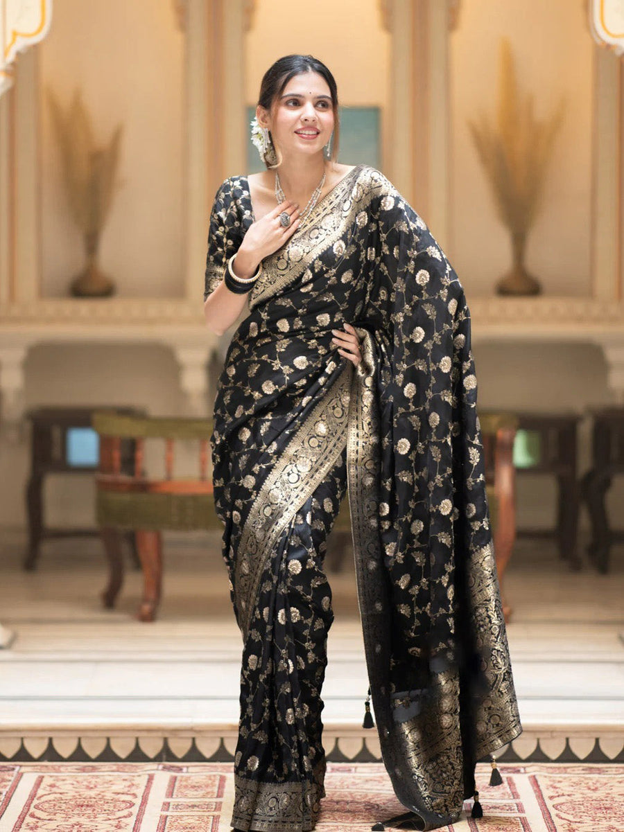 Fairytale Black Soft Silk Saree With Jazzy Blouse Piece - Shop authentic Indian Women's Fashion by Silk Folks