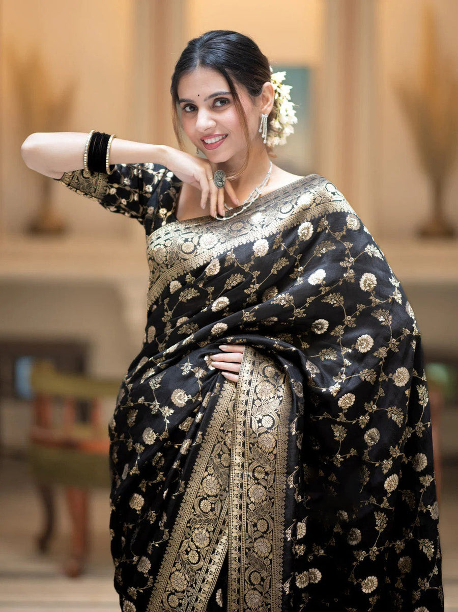 Fairytale Black Soft Silk Saree With Jazzy Blouse Piece - Shop authentic Indian Women's Fashion by Silk Folks
