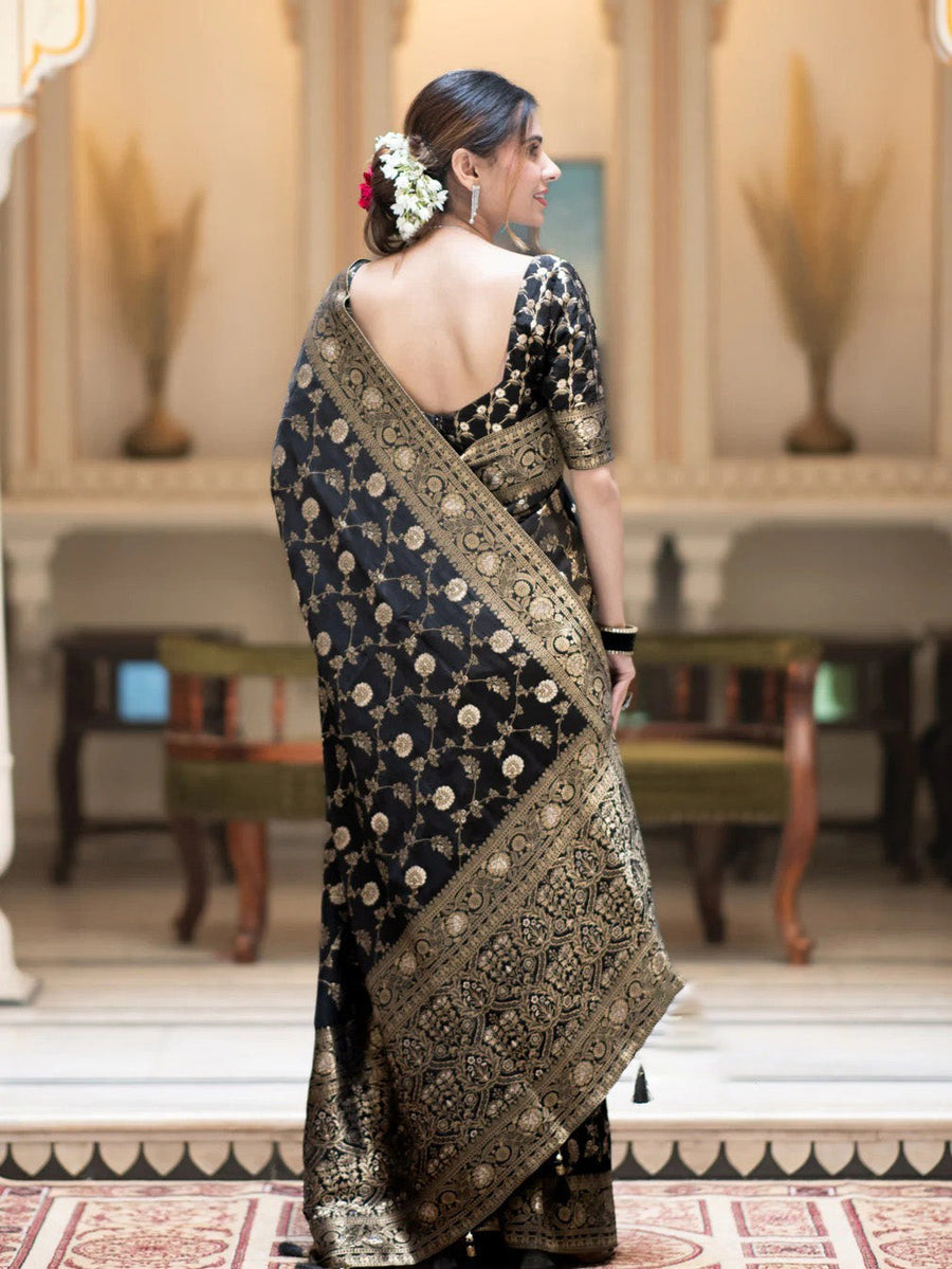 Fairytale Black Soft Silk Saree With Jazzy Blouse Piece - Shop authentic Indian Women's Fashion by Silk Folks