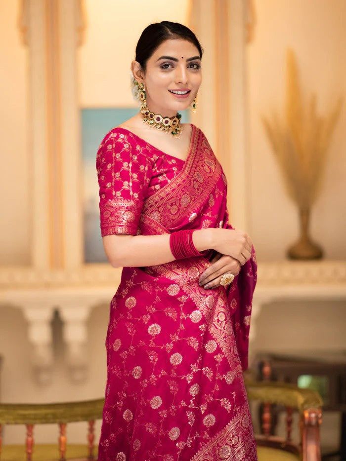 Adoring Dark Pink Soft Silk Saree With Gratifying Blouse Piece - Shop authentic Indian Women's Fashion by Silk Folks