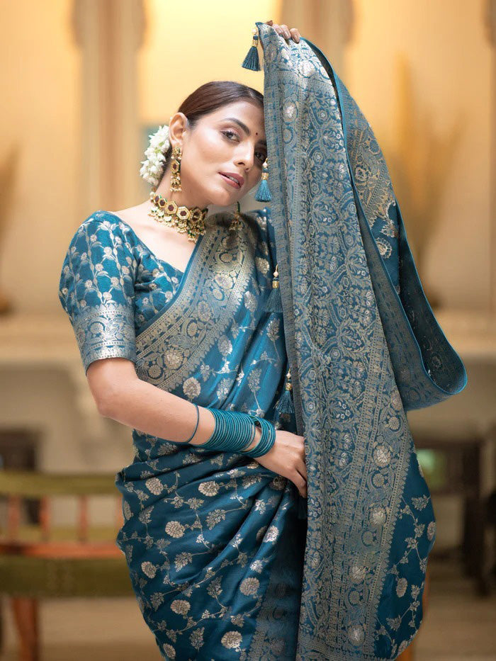 Assemblage Firozi Soft Silk Saree With Sophisticated Blouse Piece - Shop authentic Indian Women's Fashion by Silk Folks