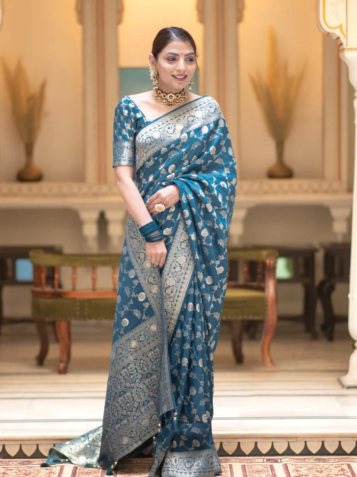 Assemblage Firozi Soft Silk Saree With Sophisticated Blouse Piece - Shop authentic Indian Women's Fashion by Silk Folks