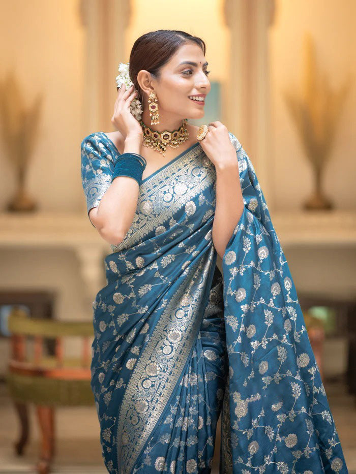 Assemblage Firozi Soft Silk Saree With Sophisticated Blouse Piece - Shop authentic Indian Women's Fashion by Silk Folks