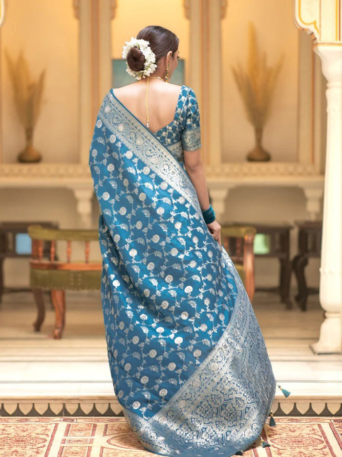 Assemblage Firozi Soft Silk Saree With Sophisticated Blouse Piece - Shop authentic Indian Women's Fashion by Silk Folks