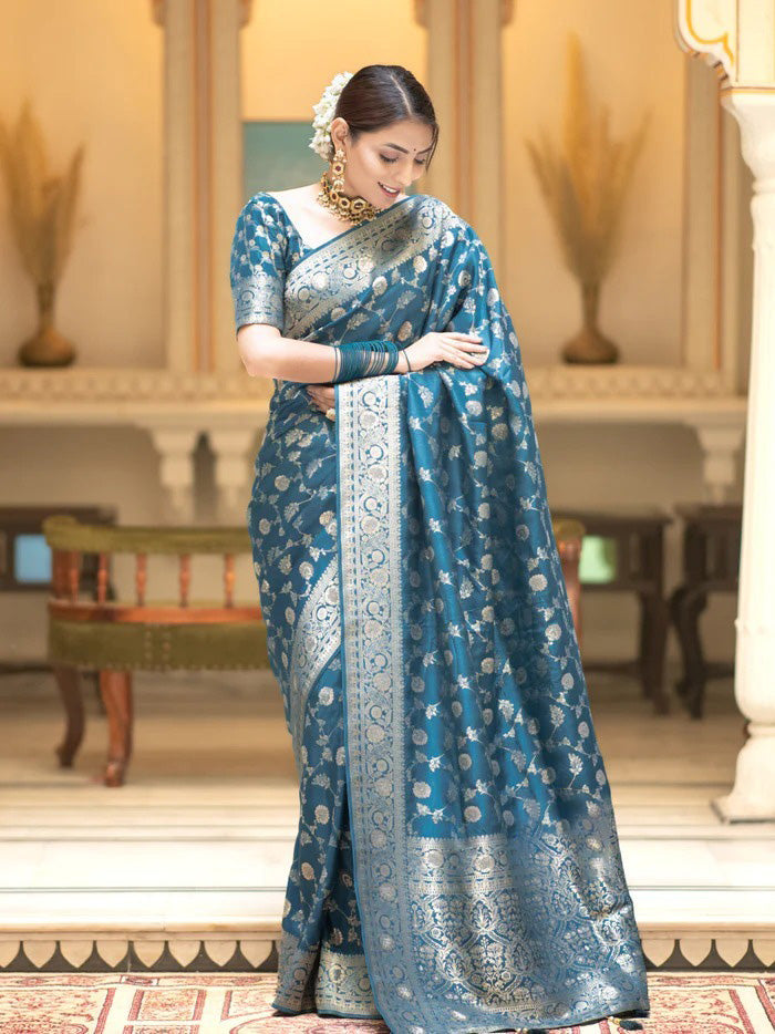 Assemblage Firozi Soft Silk Saree With Sophisticated Blouse Piece - Shop authentic Indian Women's Fashion by Silk Folks