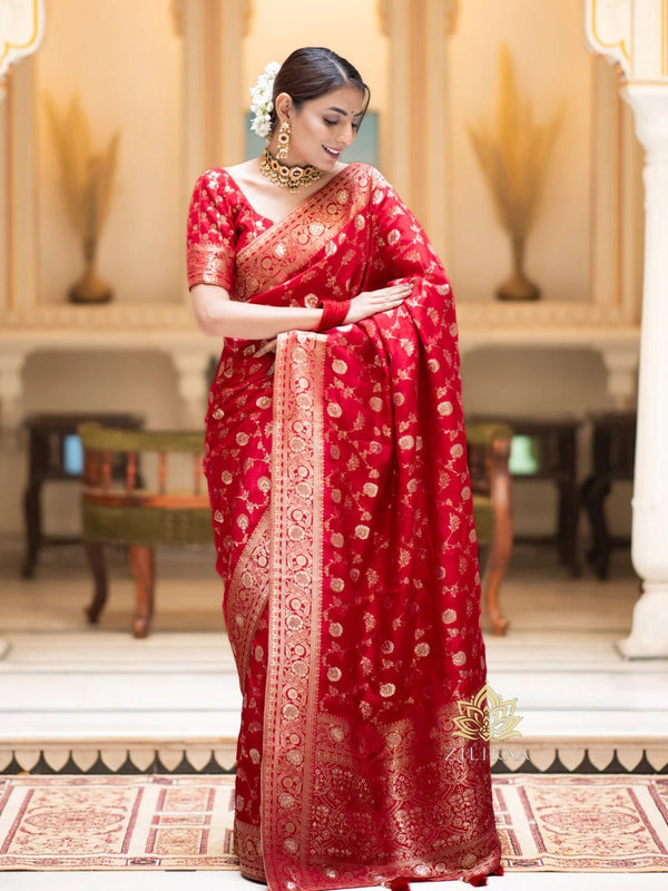 Forbearance Red Soft Silk Saree With Engrossing Blouse Piece - Shop authentic Indian Women's Fashion by Silk Folks