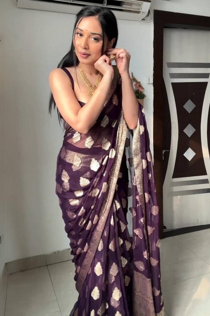 Glittering 1-Minute Ready To Wear Dark Purple Cotton Silk Saree - Shop authentic Indian Women's Fashion by Silk Folks