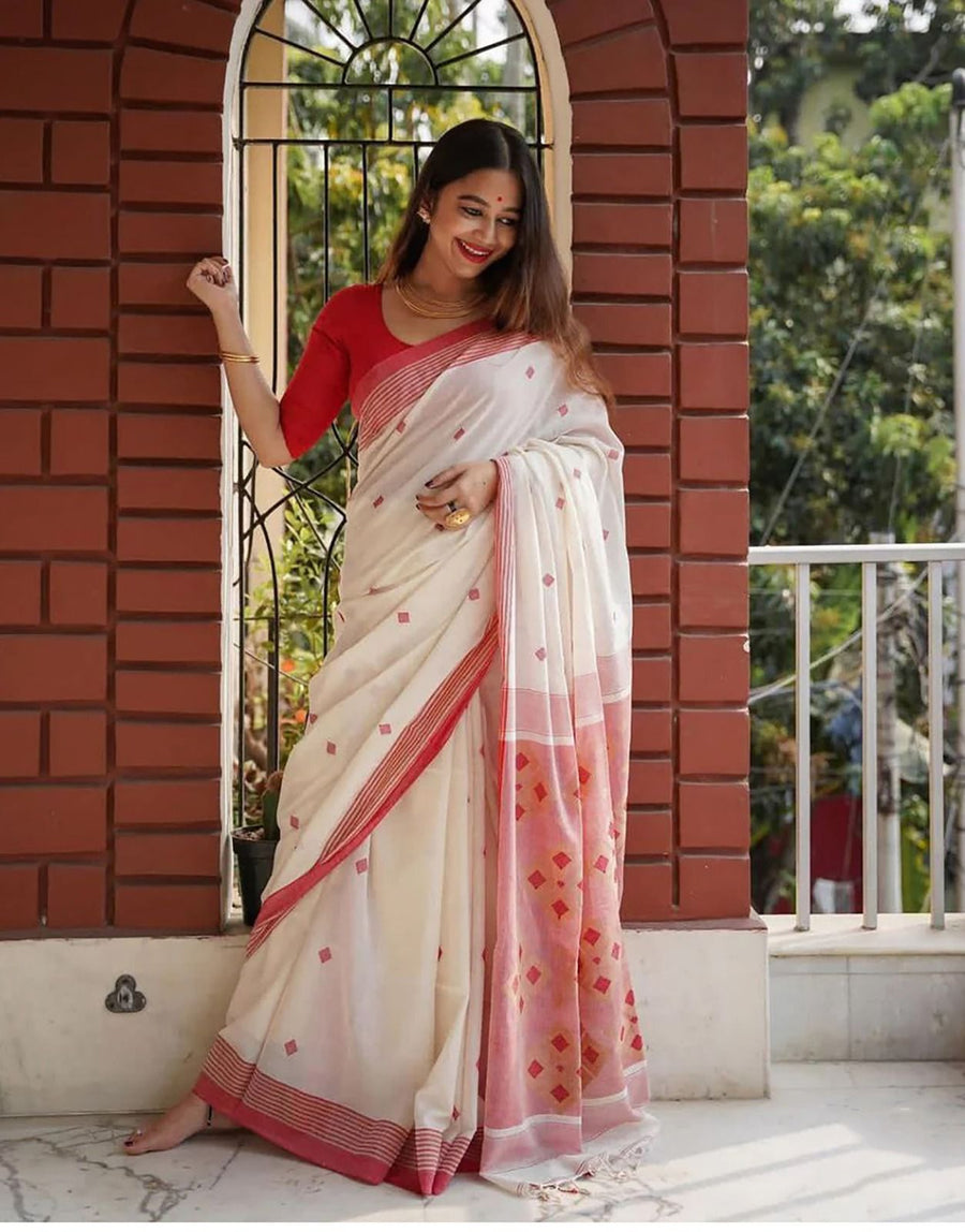 Bone White Maheshawari Cotton Silk Saree - Shop authentic Indian Women's Fashion by Silk Folks