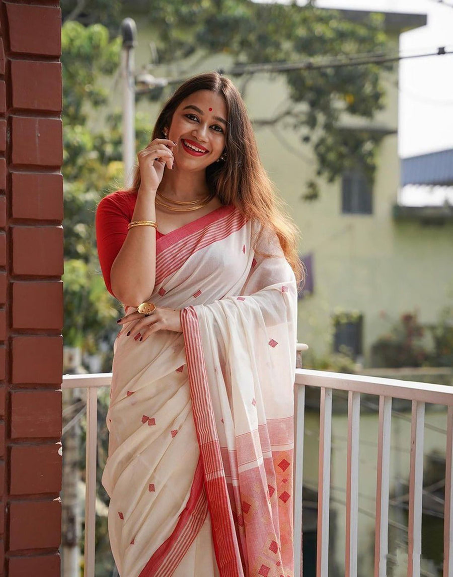 Bone White Maheshawari Cotton Silk Saree - Shop authentic Indian Women's Fashion by Silk Folks