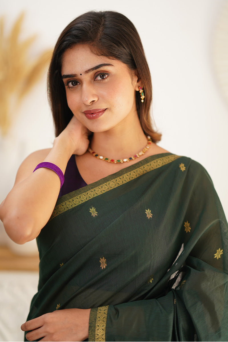 Skinny Green Cotton Silk Saree With Demanding Blouse Piece - Shop authentic Indian Women's Fashion by Silk Folks