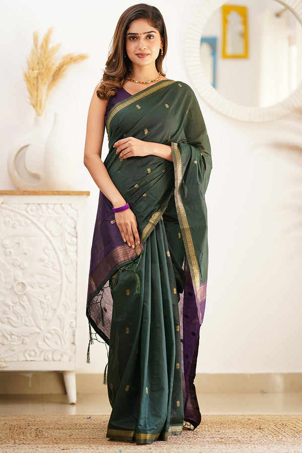 Skinny Green Cotton Silk Saree With Demanding Blouse Piece - Shop authentic Indian Women's Fashion by Silk Folks