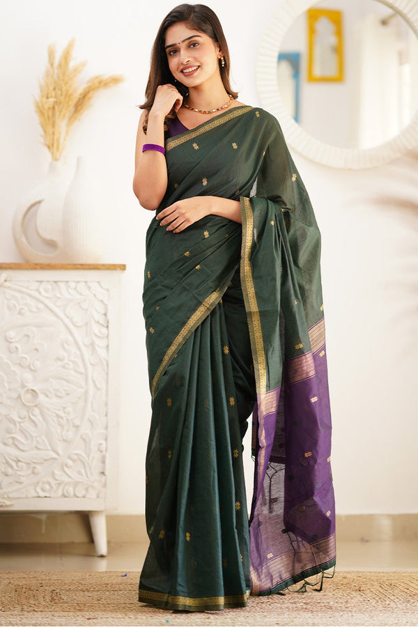 Skinny Green Cotton Silk Saree With Demanding Blouse Piece - Shop authentic Indian Women's Fashion by Silk Folks