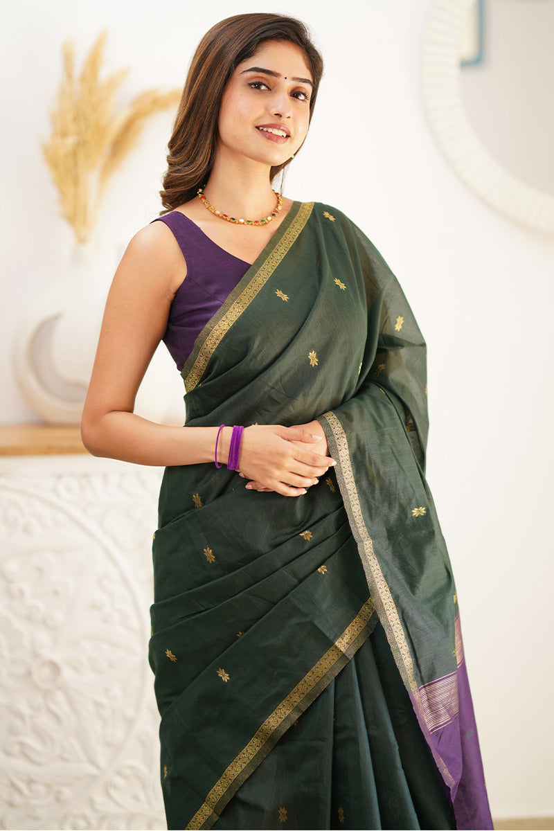 Skinny Green Cotton Silk Saree With Demanding Blouse Piece - Shop authentic Indian Women's Fashion by Silk Folks