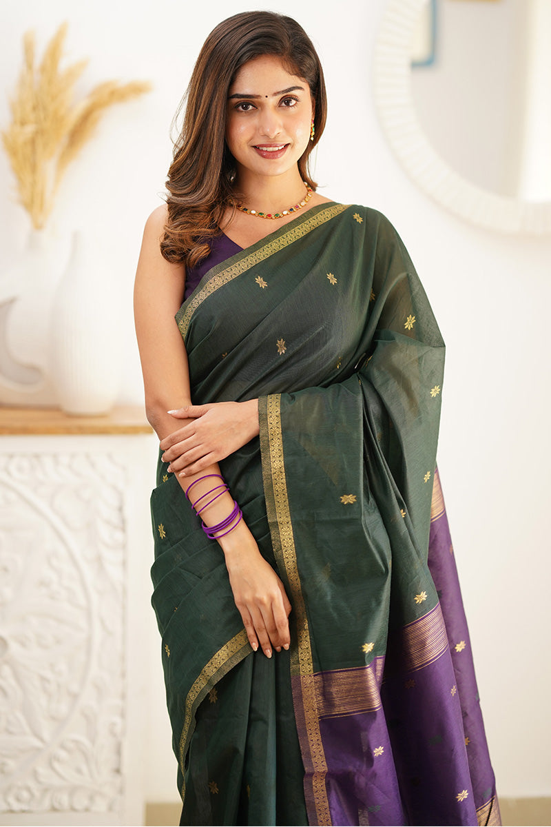 Skinny Green Cotton Silk Saree With Demanding Blouse Piece - Shop authentic Indian Women's Fashion by Silk Folks