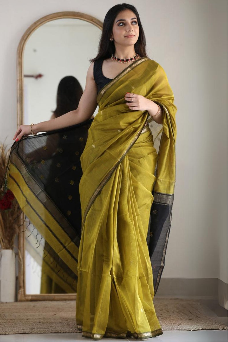 Wonderful Mehndi Cotton Silk Saree With Extraordinary Blouse Piece - Shop authentic Indian Women's Fashion by Silk Folks