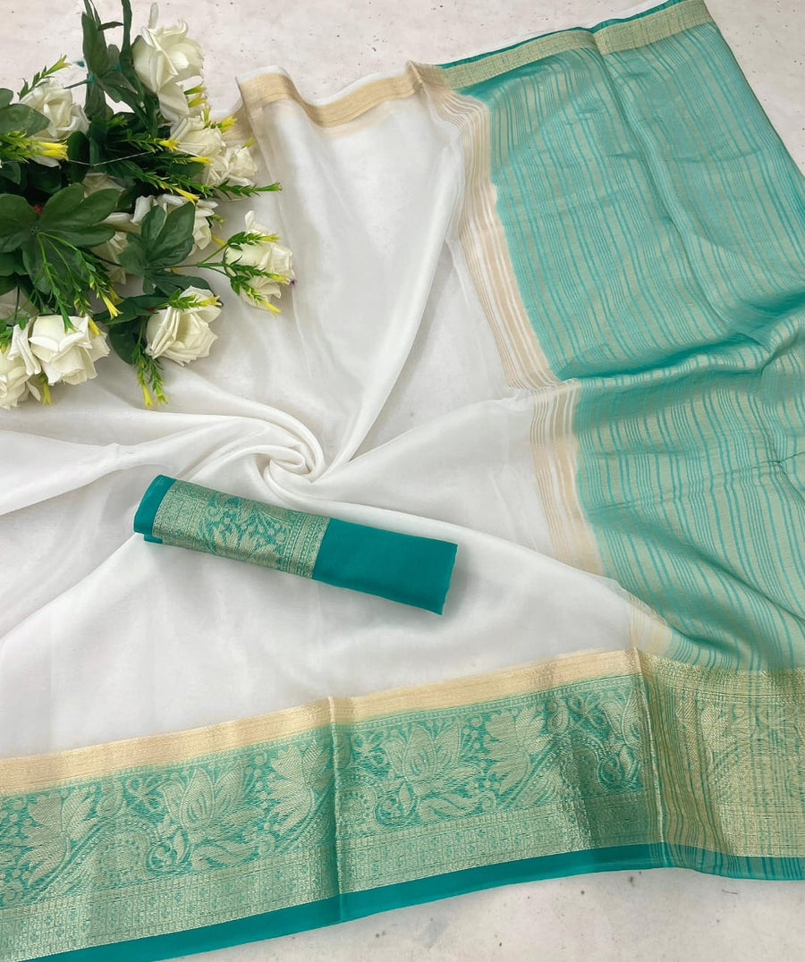 Grandiose White and Firozi Orgenza Silk Saree With Fantabulous Blouse  - Shop authentic Indian Women's Fashion by Silk Folks