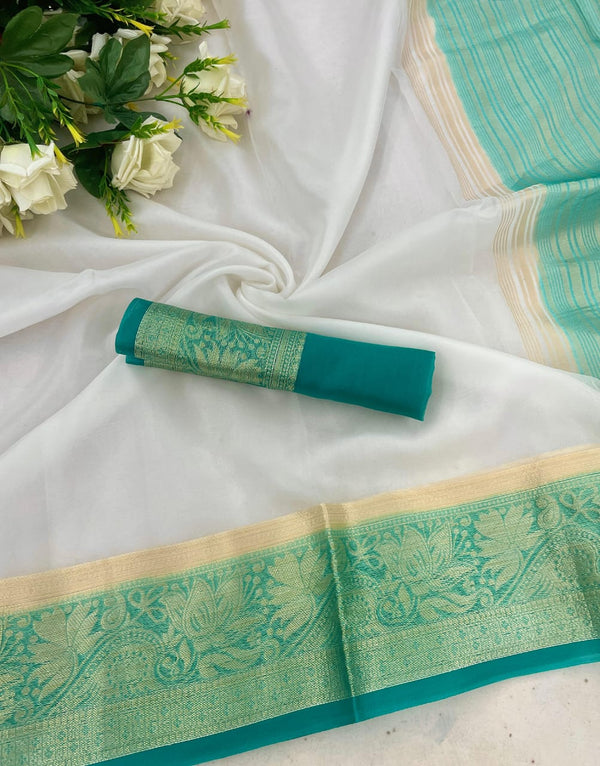 Grandiose White and Firozi Orgenza Silk Saree With Fantabulous Blouse  - Shop authentic Indian Women's Fashion by Silk Folks