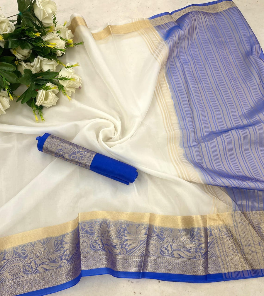 Tantalizing White and Blue Orgenza Silk Saree With Palimpsest Blouse P - Shop authentic Indian Women's Fashion by Silk Folks
