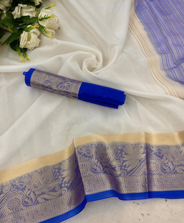 Tantalizing White and Blue Orgenza Silk Saree With Palimpsest Blouse P - Shop authentic Indian Women's Fashion by Silk Folks