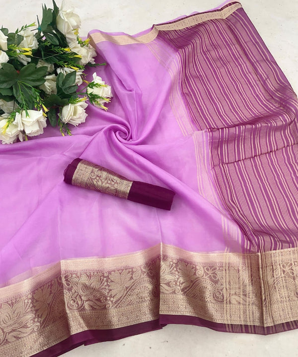 Eclat Lavender Orgenza  Silk Saree With Intricate Blouse Piece - Shop authentic Indian Women's Fashion by Silk Folks