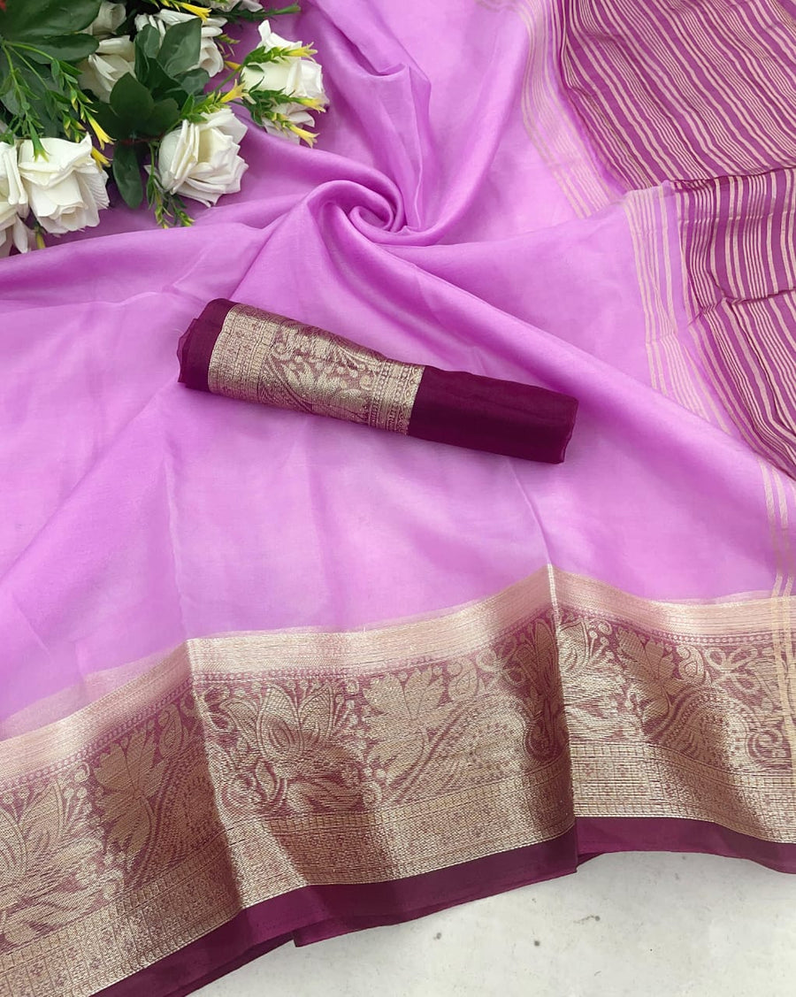 Eclat Lavender Orgenza  Silk Saree With Intricate Blouse Piece - Shop authentic Indian Women's Fashion by Silk Folks