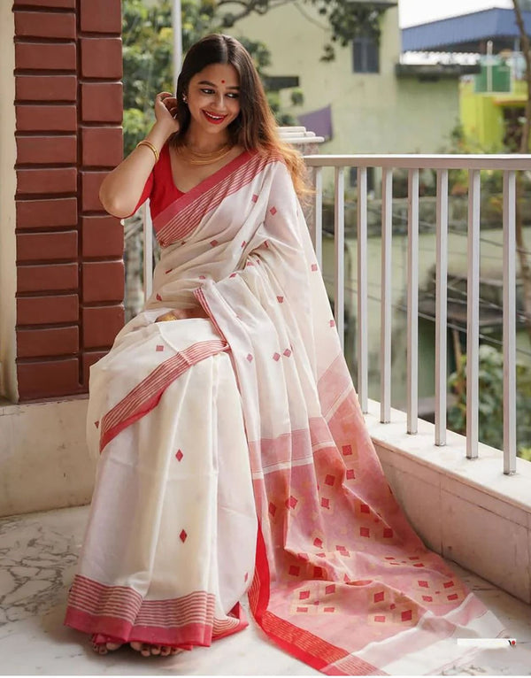 Intricate Off White Cotton Silk Saree With Capricious Blouse Piece - Shop authentic Indian Women's Fashion by Silk Folks