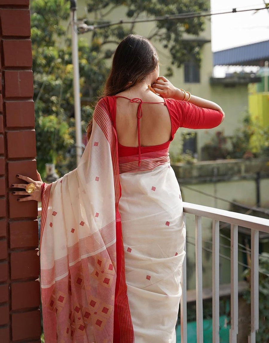Intricate Off White Cotton Silk Saree With Capricious Blouse Piece - Shop authentic Indian Women's Fashion by Silk Folks