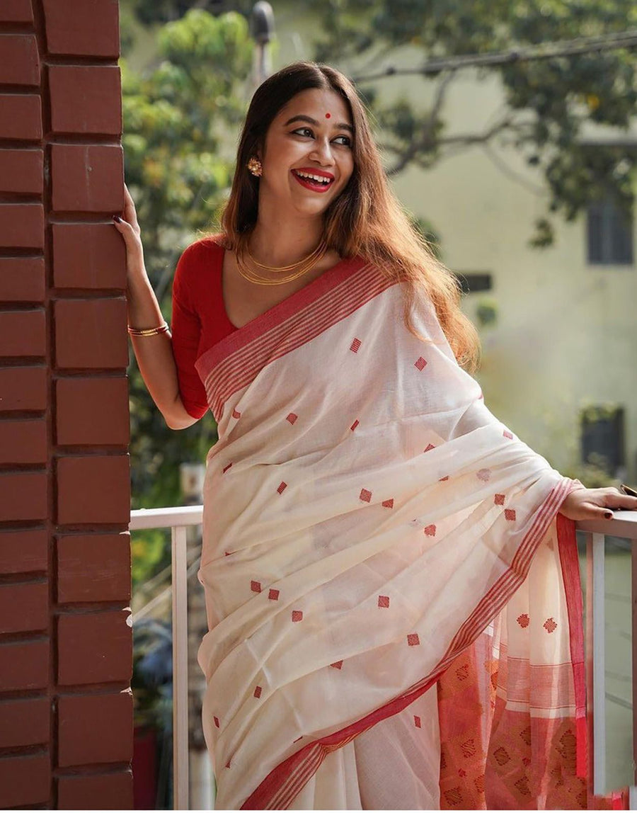 Intricate Off White Cotton Silk Saree With Capricious Blouse Piece - Shop authentic Indian Women's Fashion by Silk Folks