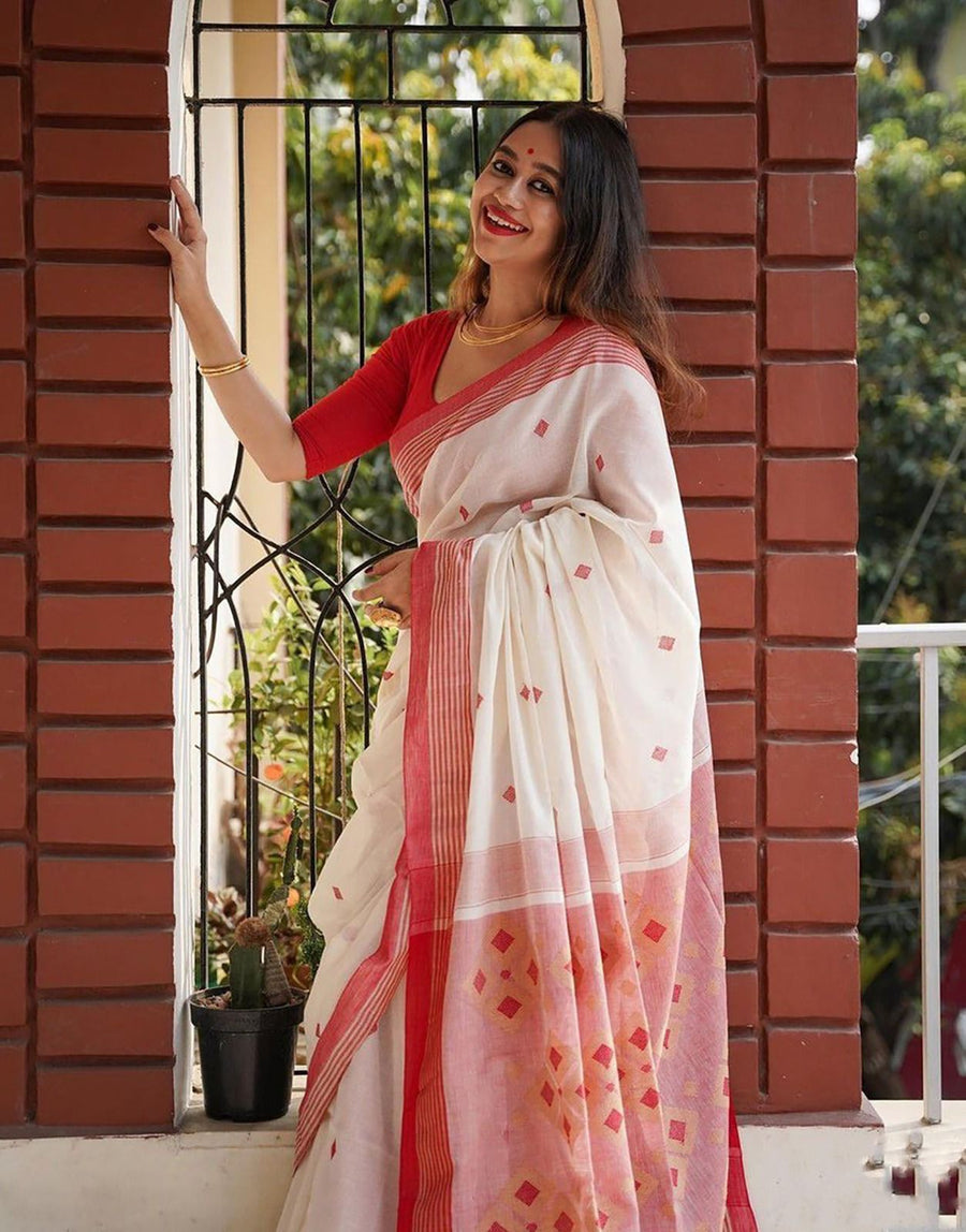 Intricate Off White Cotton Silk Saree With Capricious Blouse Piece - Shop authentic Indian Women's Fashion by Silk Folks