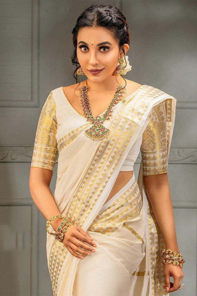 Arresting Off White Soft Silk Saree With Scrumptious Blouse Piece - Shop authentic Indian Women's Fashion by Silk Folks