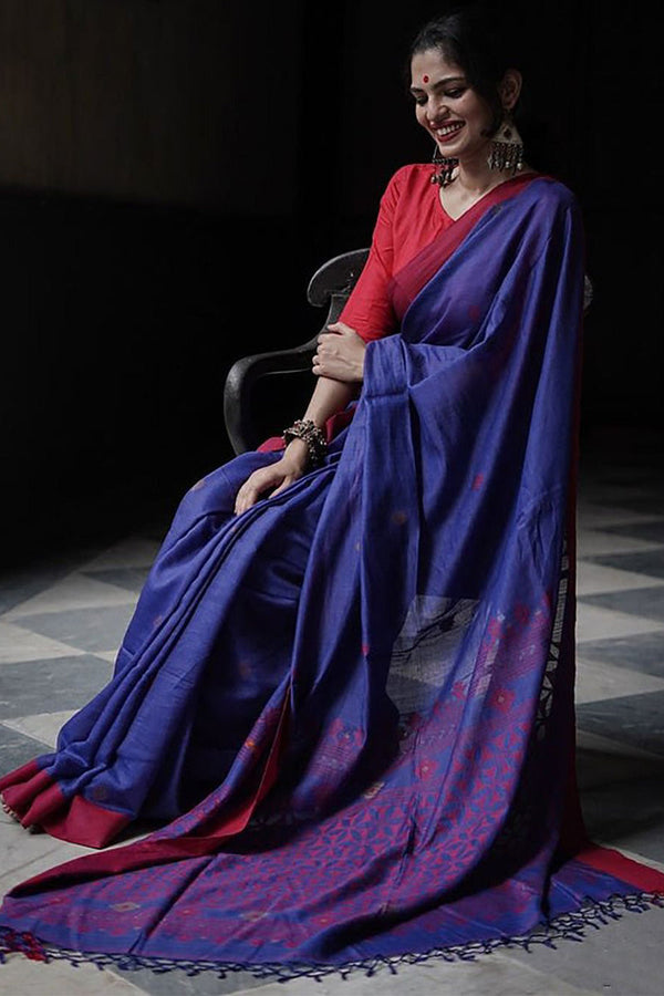 Blissful Blue Cotton Silk Saree With Felicitous Blouse Piece - Shop authentic Indian Women's Fashion by Silk Folks