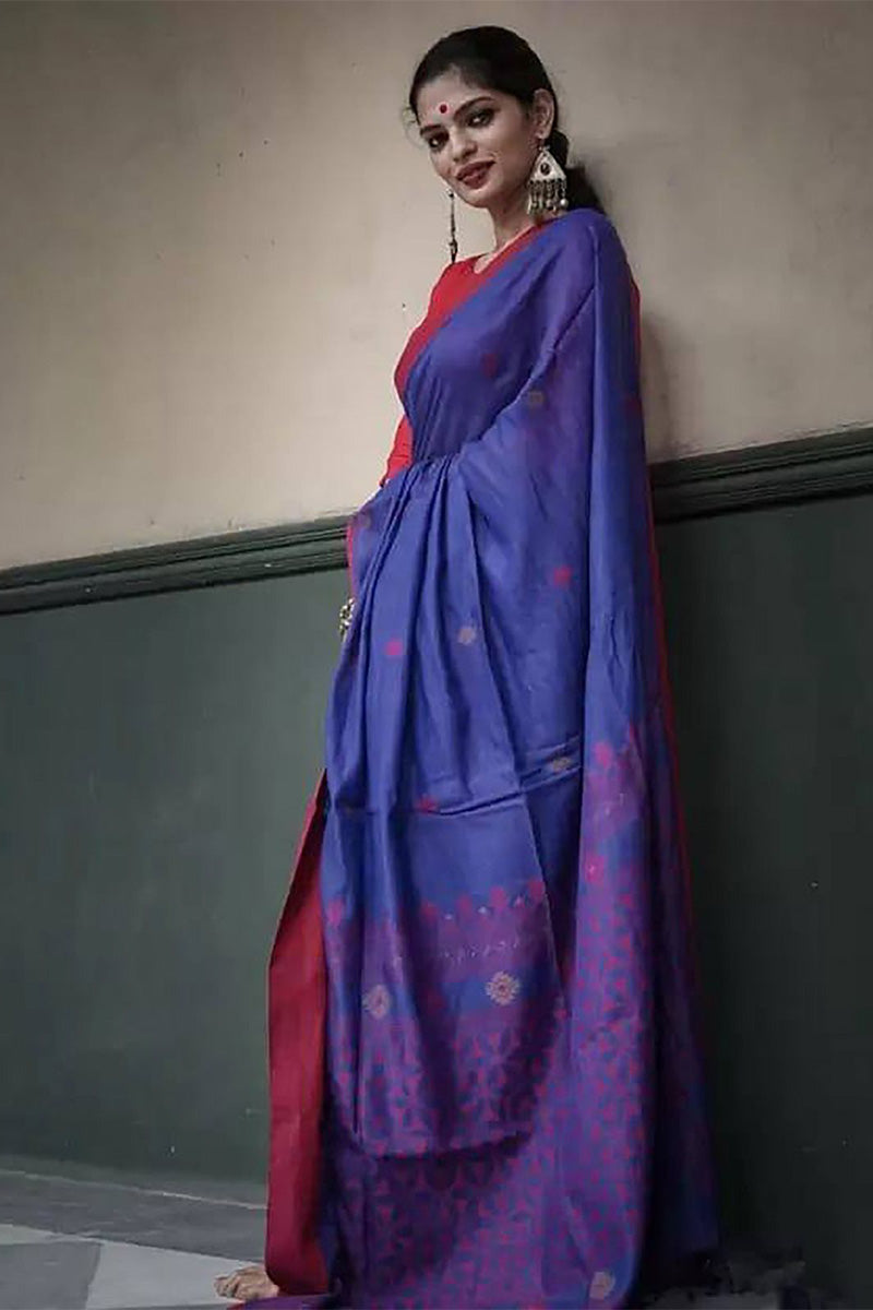 Blissful Blue Cotton Silk Saree With Felicitous Blouse Piece - Shop authentic Indian Women's Fashion by Silk Folks
