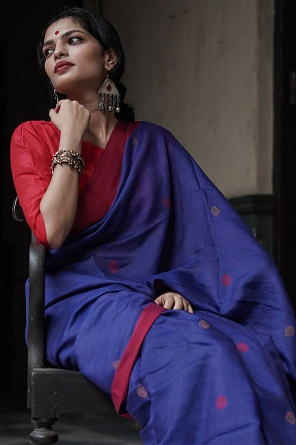 Blissful Blue Cotton Silk Saree With Felicitous Blouse Piece - Shop authentic Indian Women's Fashion by Silk Folks