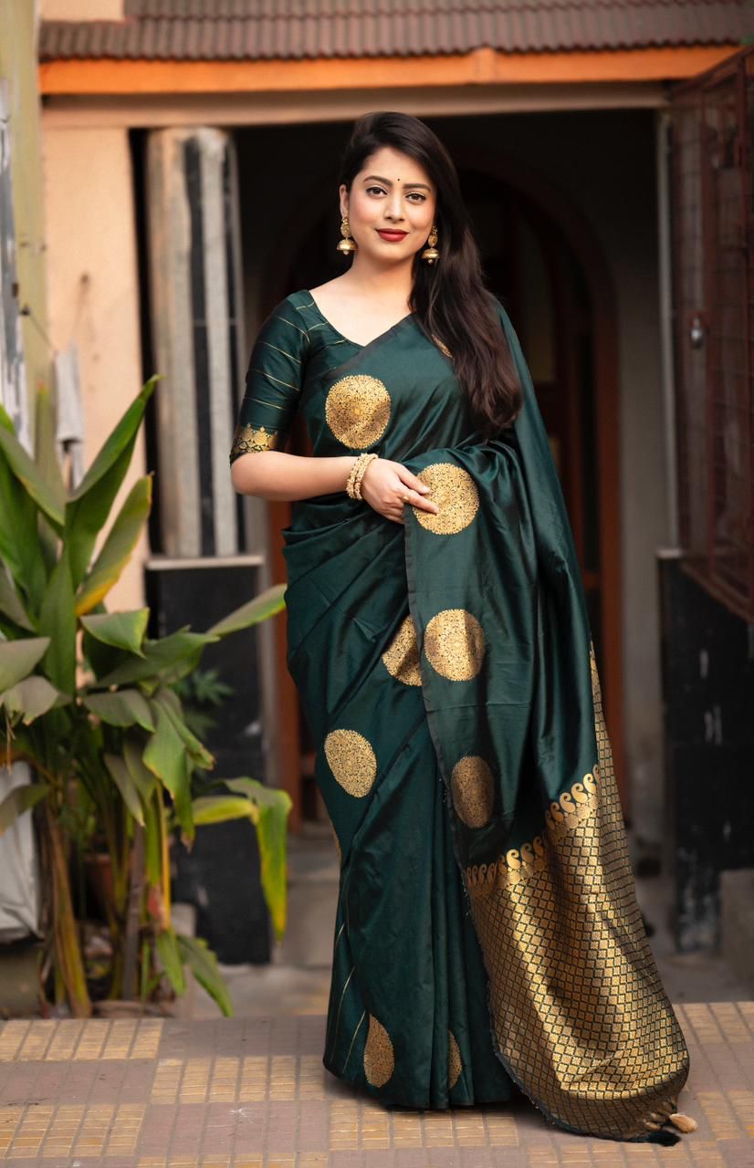 Designer Dark Green Soft Silk Saree With Mesmeric Blouse Piece - Shop authentic Indian Women's Fashion by Silk Folks