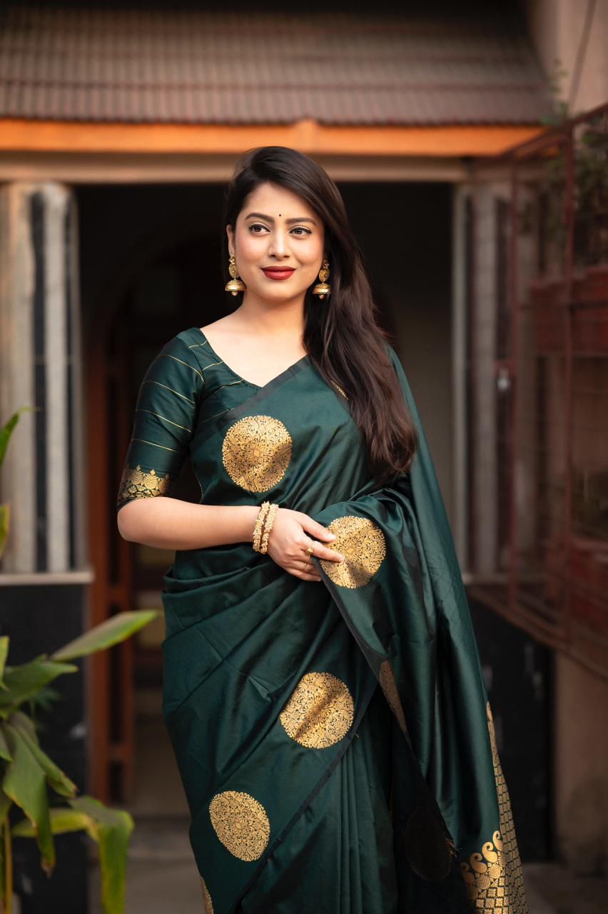 Designer Dark Green Soft Silk Saree With Mesmeric Blouse Piece - Shop authentic Indian Women's Fashion by Silk Folks