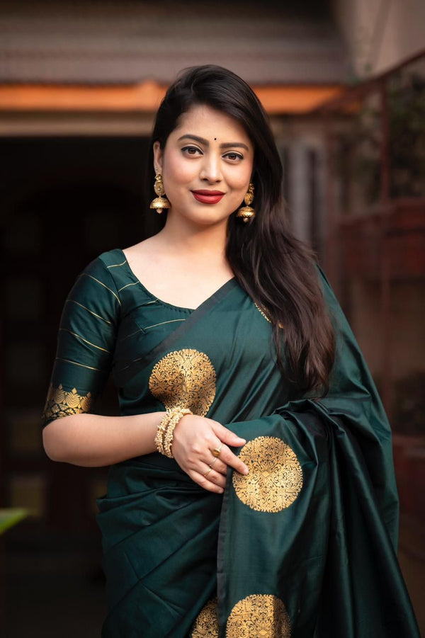 Designer Dark Green Soft Silk Saree With Mesmeric Blouse Piece - Shop authentic Indian Women's Fashion by Silk Folks