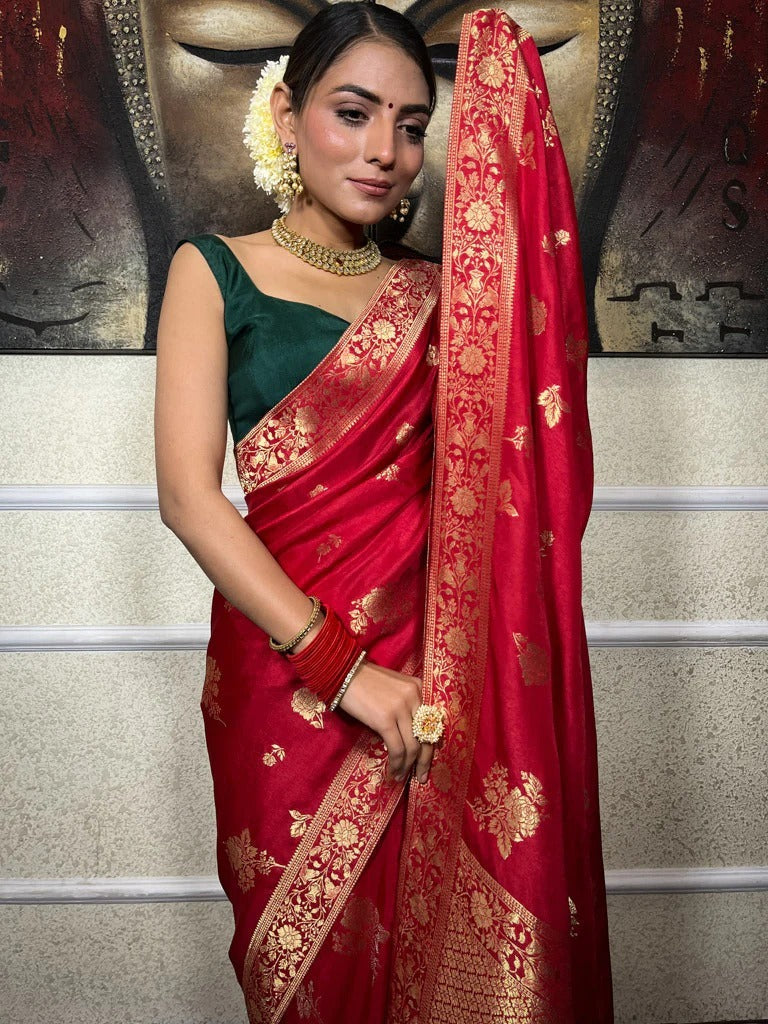 Diaphanous Red Soft Silk Saree With Conflate Blouse Piece - Shop authentic Indian Women's Fashion by Silk Folks