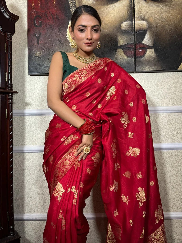 Diaphanous Red Soft Silk Saree With Conflate Blouse Piece - Shop authentic Indian Women's Fashion by Silk Folks