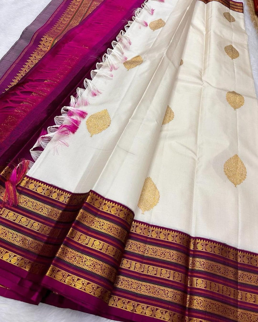 Sumptuous Off White Soft Silk Saree With Phenomenal Blouse Piece - Shop authentic Indian Women's Fashion by Silk Folks