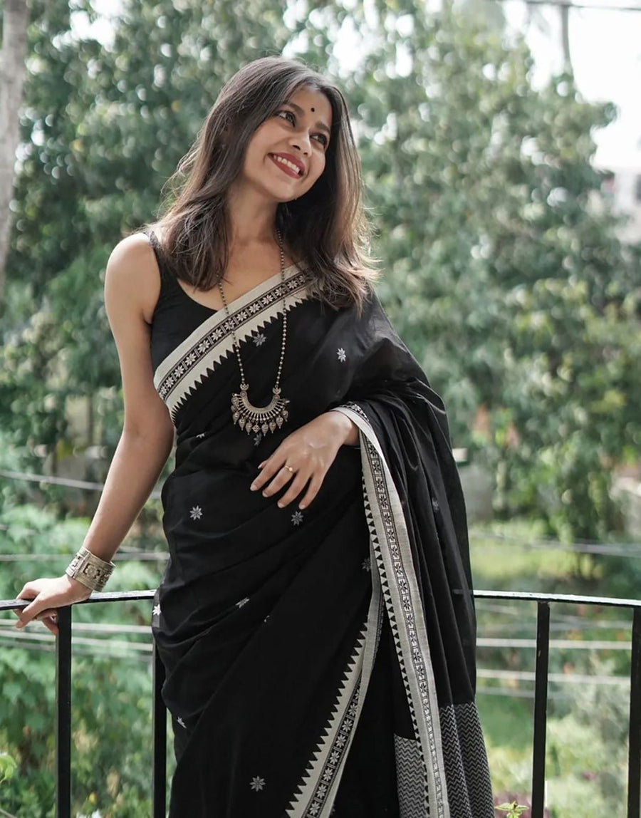 Onyx Black Maheshawari Cotton Silk Saree - Shop authentic Indian Women's Fashion by Silk Folks