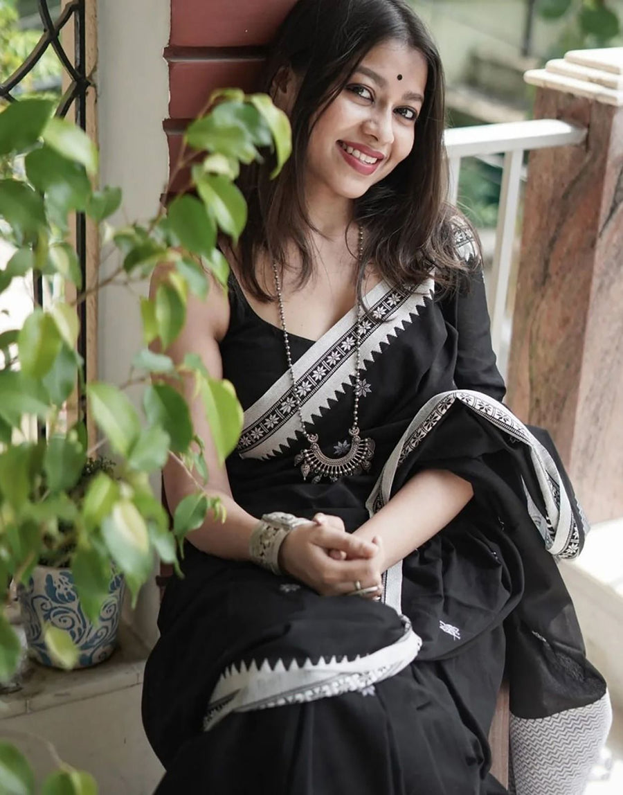 Onyx Black Maheshawari Cotton Silk Saree - Shop authentic Indian Women's Fashion by Silk Folks