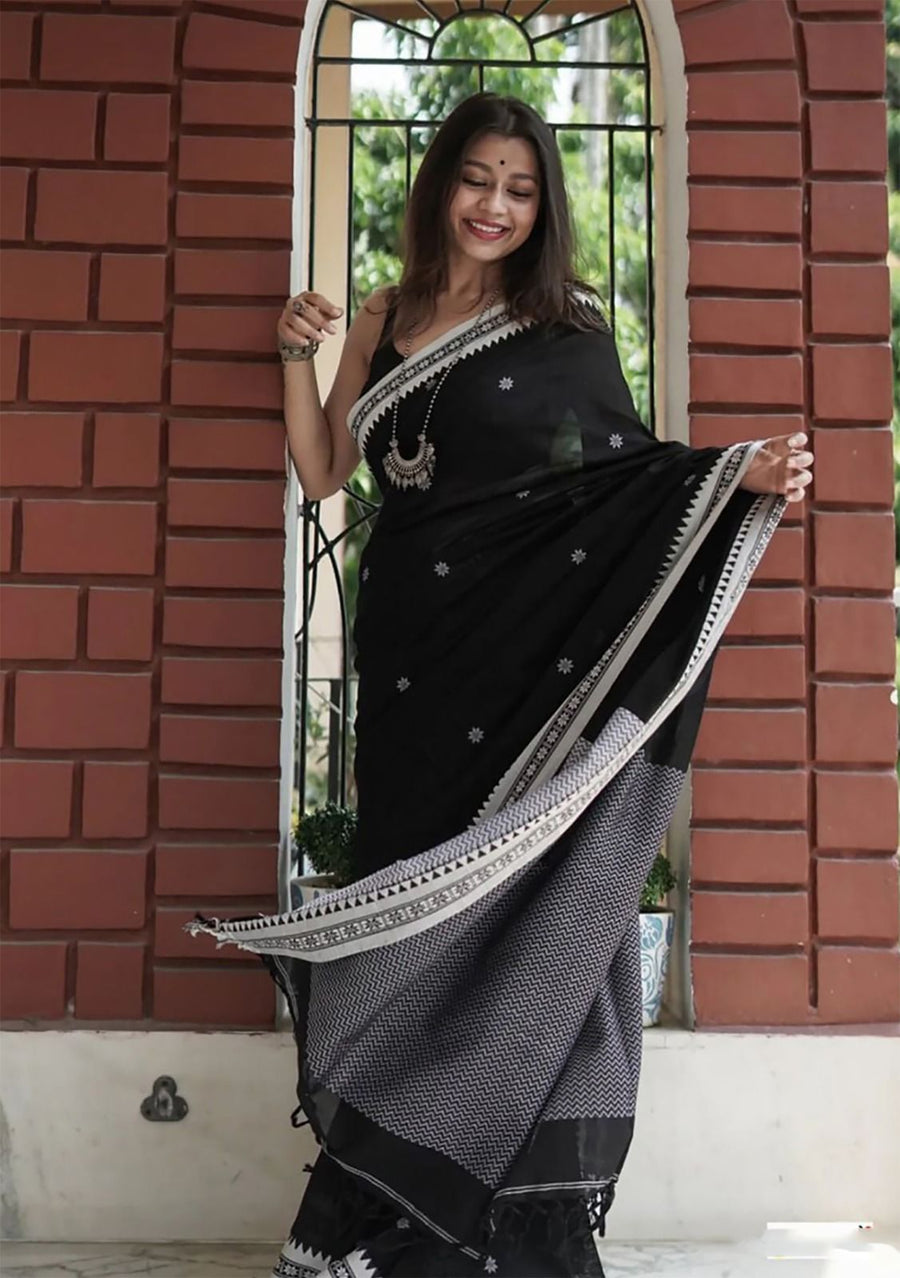 Onyx Black Maheshawari Cotton Silk Saree - Shop authentic Indian Women's Fashion by Silk Folks